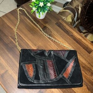 Vintage 80’s Style Purse Patchwork multicolor stitched with Gold chain